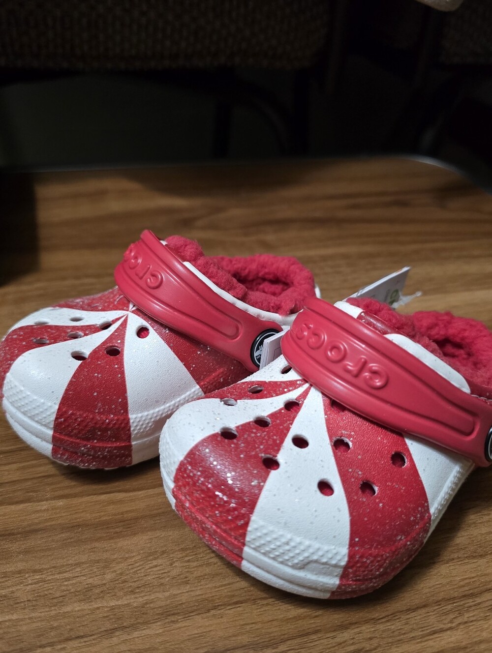 Crocs Toddler Classic Lined Holiday Clog in Red and White